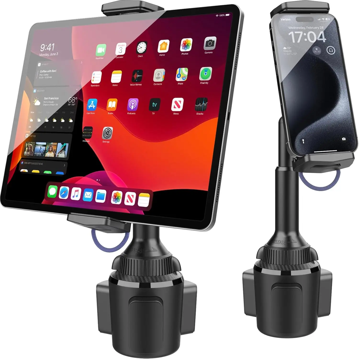 Adjustable Car Cup Holder Tablet Mount for iPad Pro Air Mini, iPhone, Samsung - 4.7-13" - Black