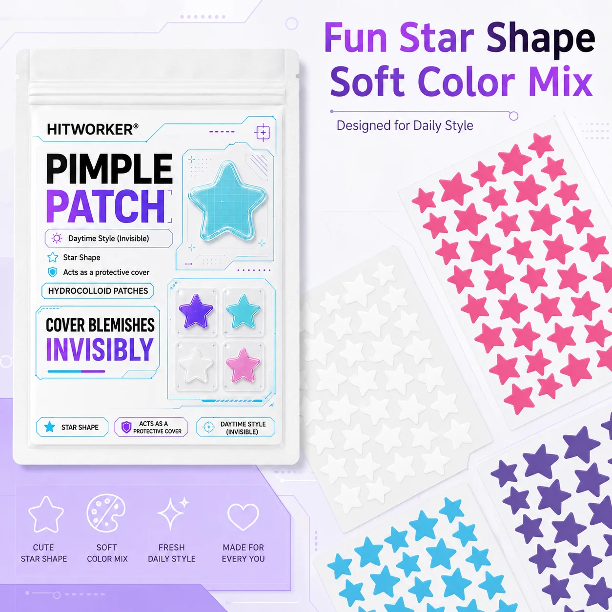 160Pcs Star-Shaped Hydrocolloid Pimple Patches, 4 Colors and 2 Sizes, Cute Blemish Cover Stickers for Face, 4 Sheets for Daily S