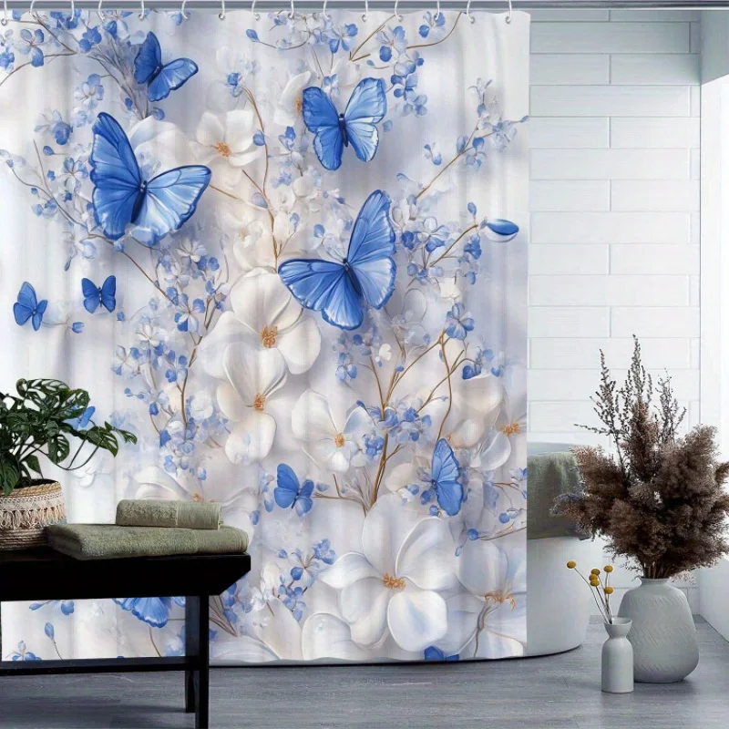 Blue Butterfly Theme Shower Curtain - Waterproof, 12 Hooks, Suitable for Home/Hotel, Machine Washable, One Piece