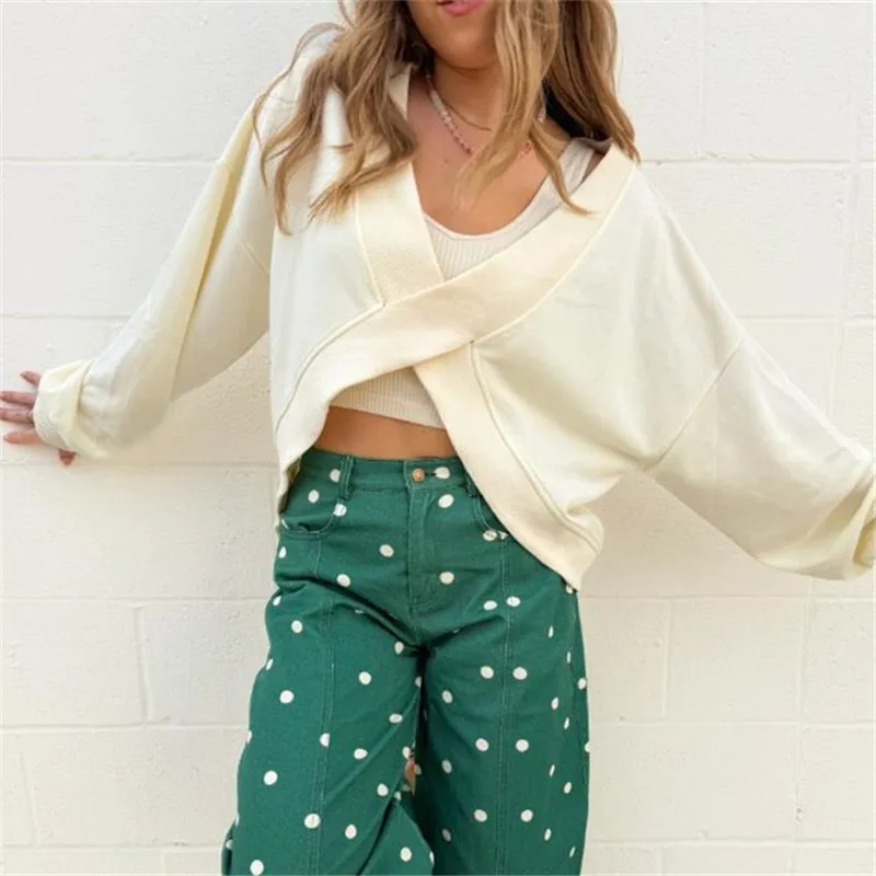 Long Sleeve Loose Pullover Solid Color Y2K Casual Streetwear Crop Top Women Wrap Cross Front Off Shoulder Cropped Sweatshirt