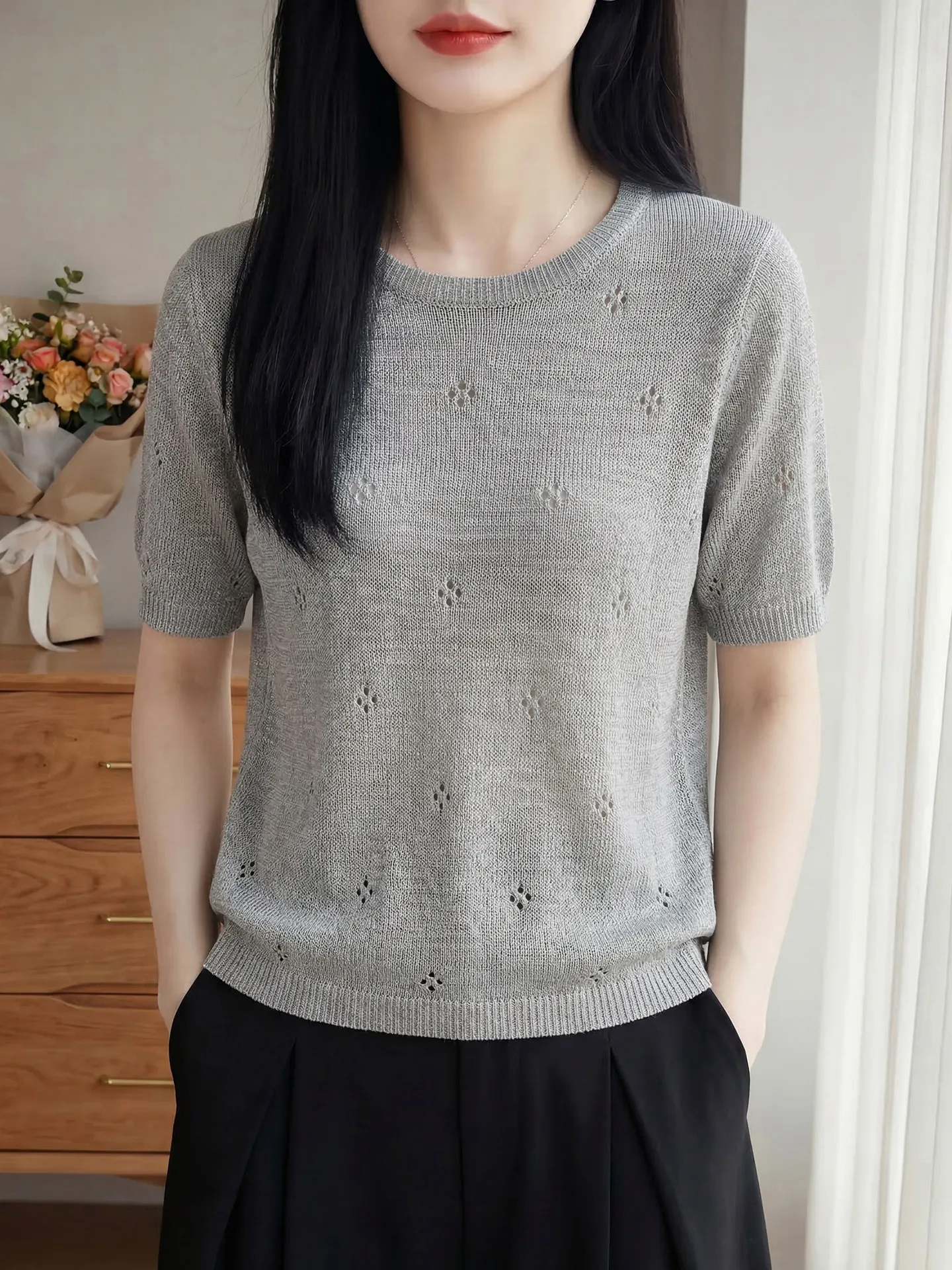 

Простая базовая вязаная футболка для женщин с круглым вырезом, ажурная, в повседневном стиле, весна-лето, новая модная модель, свободный крой, топ с высокой талией