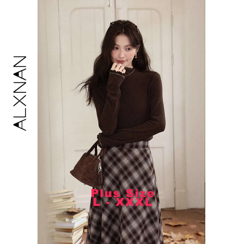 

ALXNAN Plus Size Women's T-shirts Brown Mock Neck Ruffled Cuff Regular Shoulder Pullovers Slim-fit Layering Simple Tops D58720