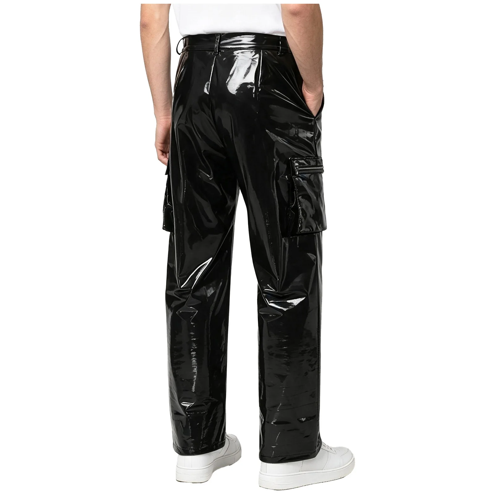 Men Glossy PU Leather Cargo Pants Trousers Jazz Dance Stage Performance Rave Y2k Streetwear Multi-pocket Straight-leg Punk Pants view 3