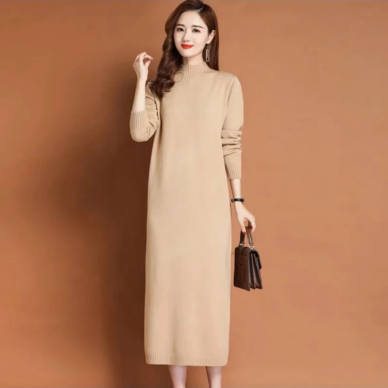 2023 Nova Moda Vestido De Cor Sólida Das Mulheres Outono/Inverno Quente Saia De Malha Versão Coreana Loose Fit Pullover Vestidos