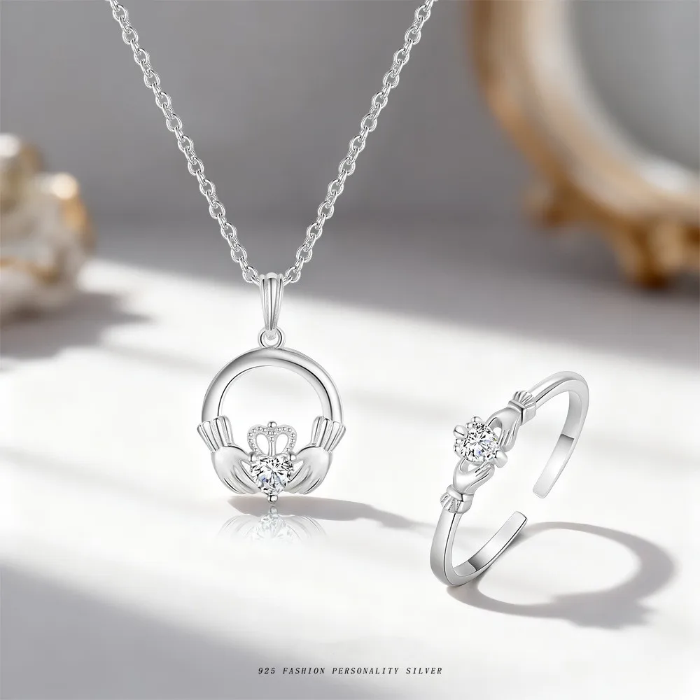 

S925 Sterling Silver Irish Claddagh Necklace Nordic Traditional Versatile Heart-shaped Silver Jewelry Set