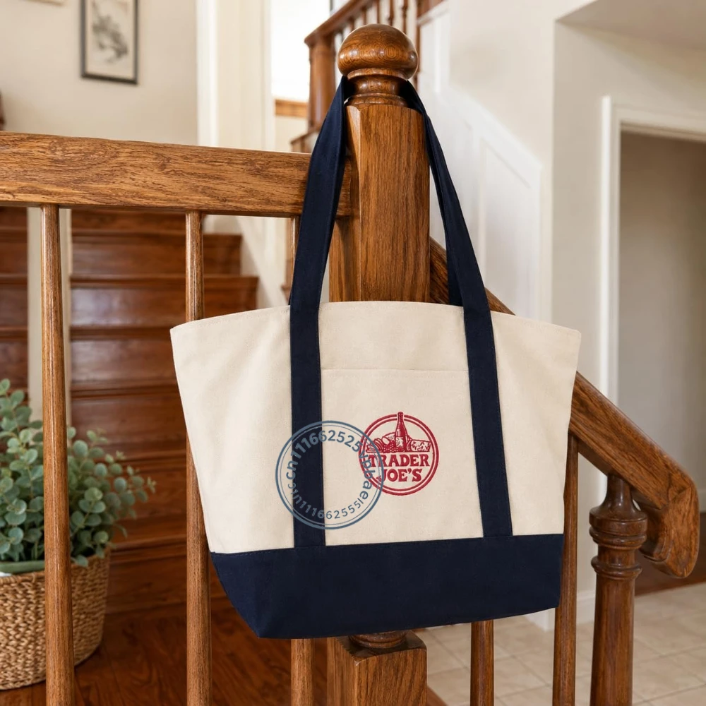 Large Canvas Tote Bag for Trader Joe's, Reusable 12 oz Cotton Tote Bag with Embroidered, Front Pocket & Reinforced Bottom
