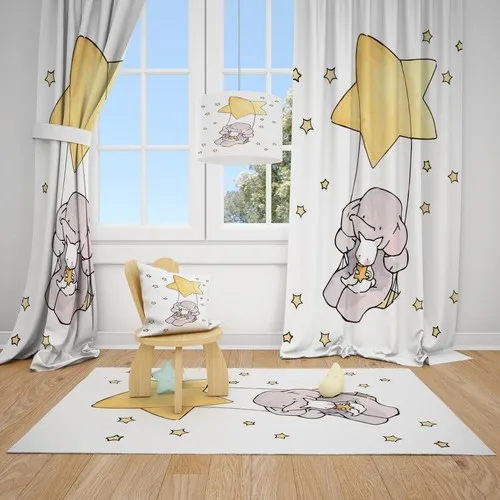 Cici Design Cute Elephant and Rabbit Yellow Star Child Baby Room Backdrop Curtain 2 Wing 70x270