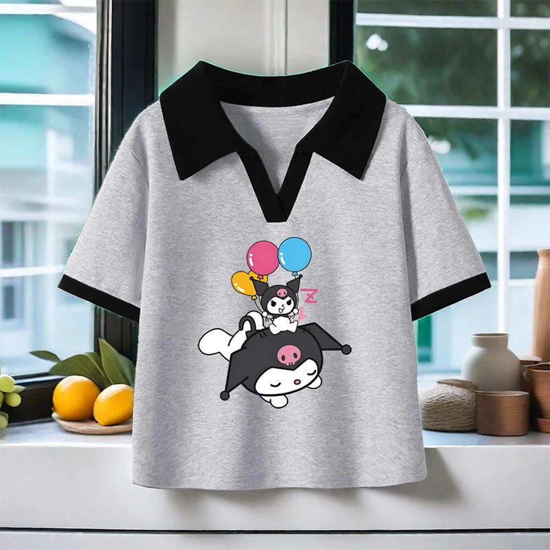 Sanrio 2024 New Girls T-Shirt Short Sleeve Polo Shirt Kuromi Cartoon Summer Clothes Children's Lapel Cotton Top Girls Gift