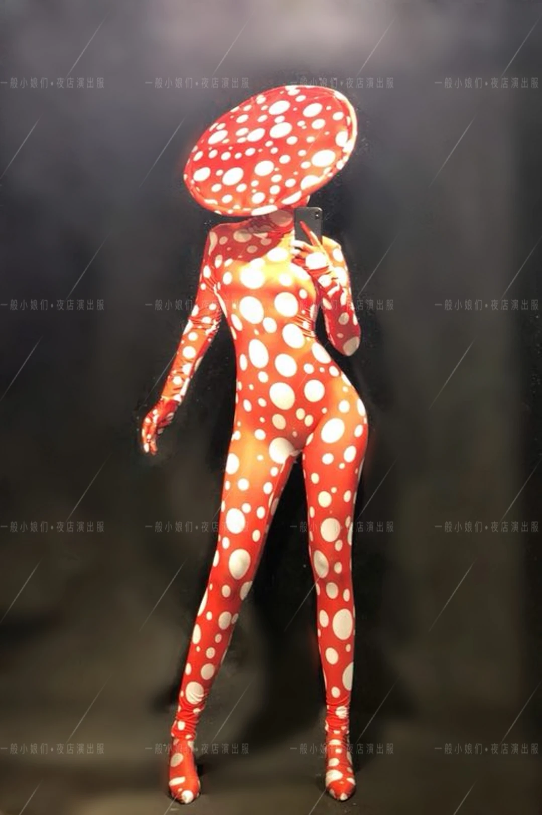 New Red And White Polka Dot Big Brim Hat, Long Sleeved Jumpsuit, Women's Song DjDs Dance Team Gogo Performance Costume