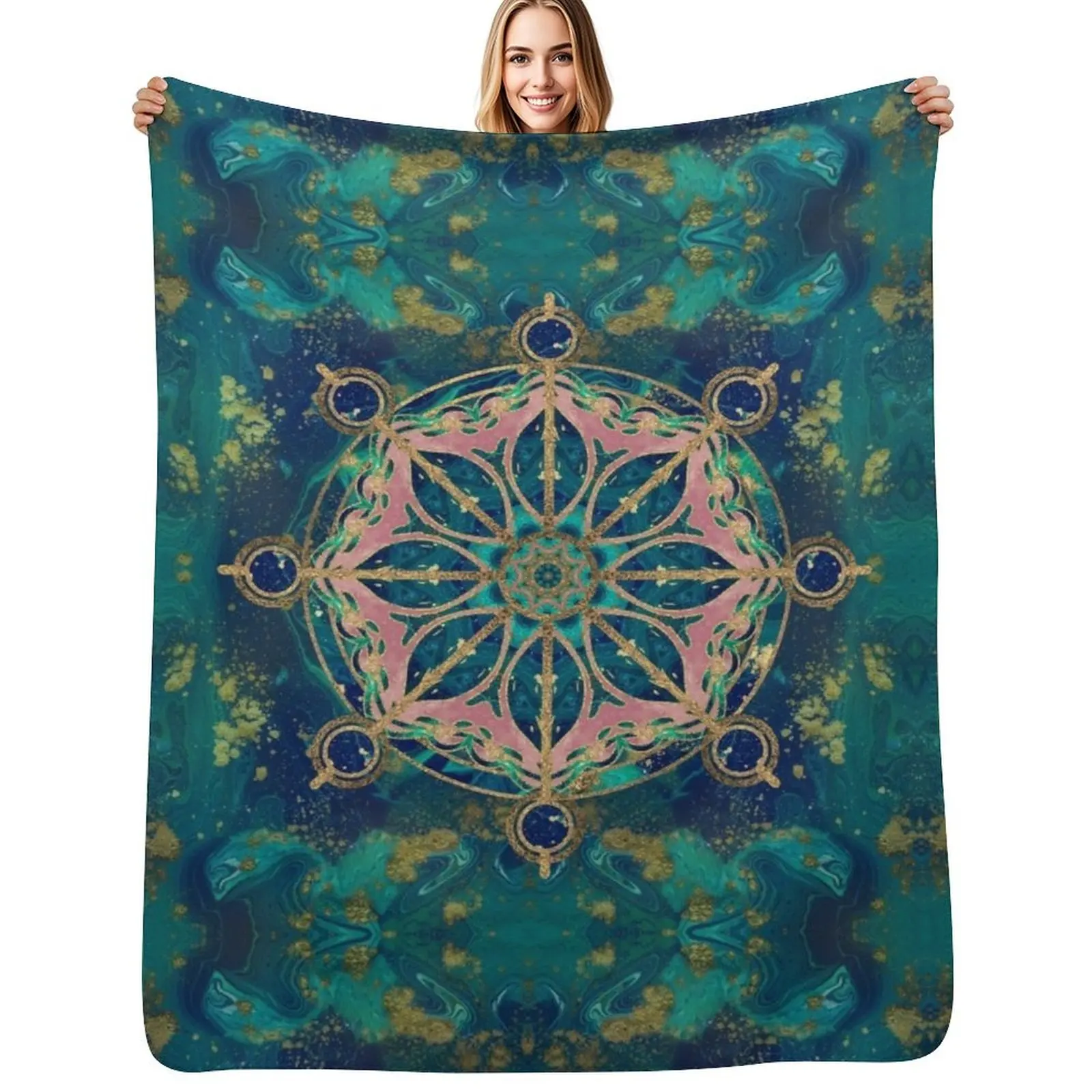 

Dharma Wheel - Dharmachakra Gemstone & Gold Throw Blanket Retros cosplay anime Personalized Gift Flannels Blankets