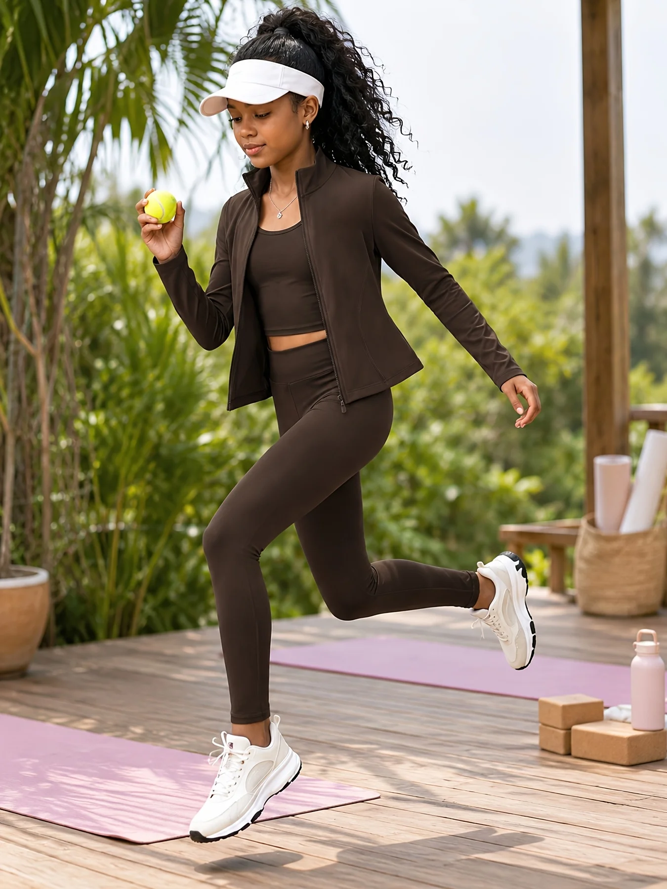 Girls' Autumn Casual Sports Outfit: Brown Zipper Jacket + Vest + Leggings Three-Piece Set for 7-13 Year Olds, Suitable for Home, Leisure, Outdoor Sports, Shopping, and Versatile Wear