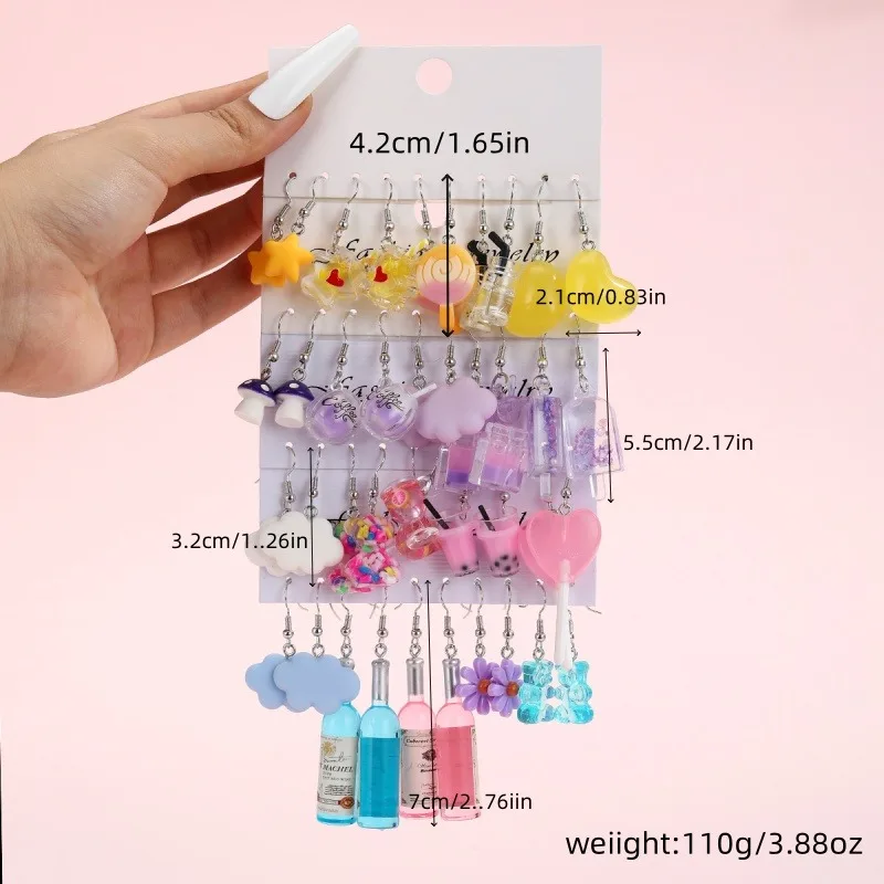 New Fashionable Earrings with Fresh and Sweet Resin Simulation Flowers, Star Shaped Lollipops, Wine Bottle Earrings Set