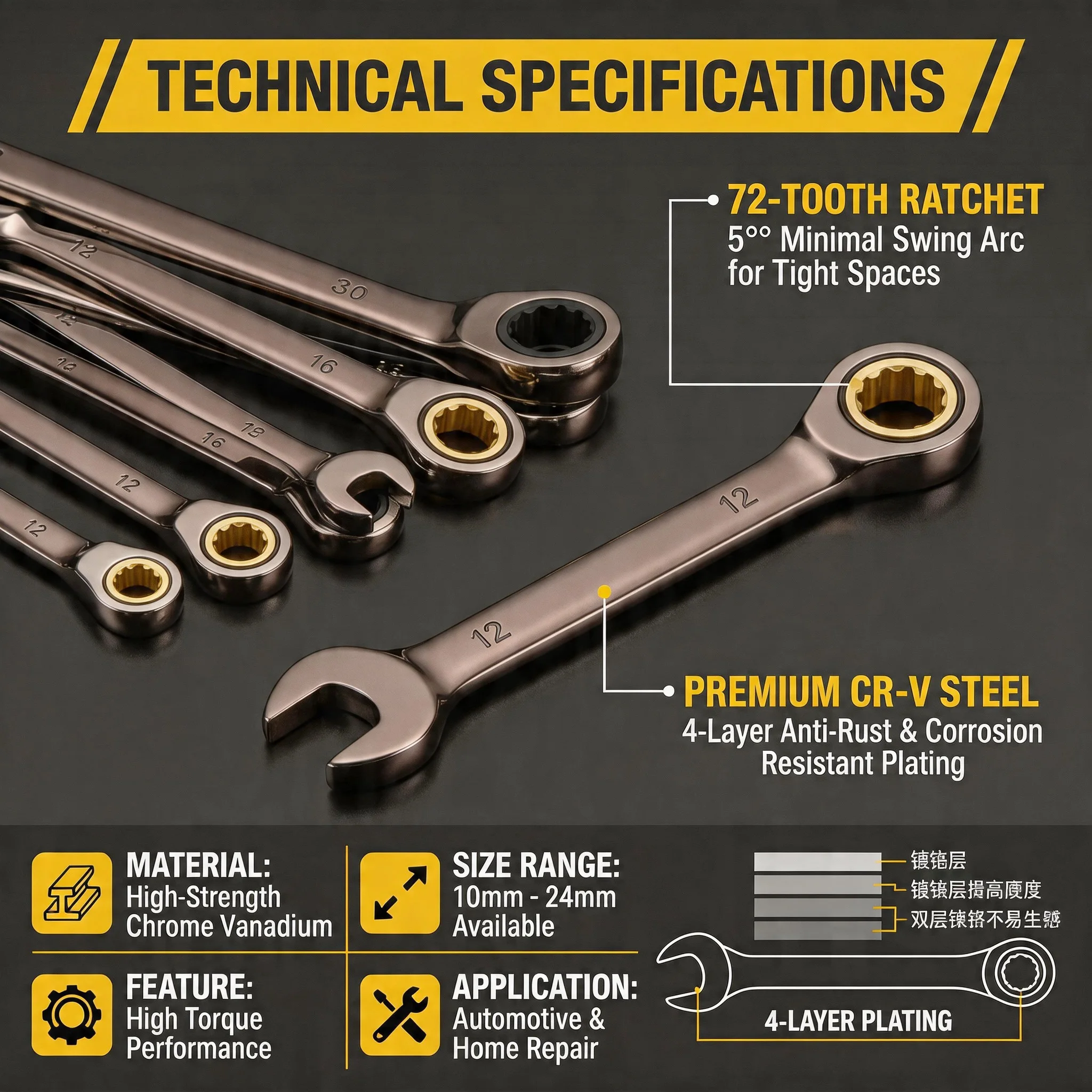 72-Tooth Ratcheting Combination Wrench Chrome Vanadium 5° Swing High Torque 4-Layer Plated Spanner For Auto Home Repair