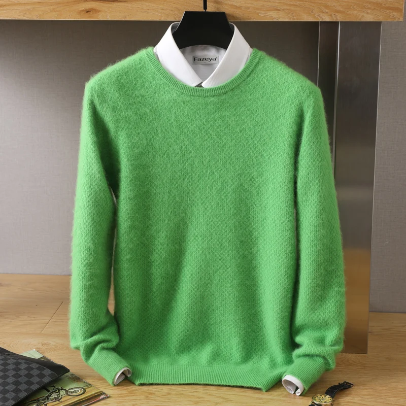 2023 Men\'s 100% Pure Mink Cashmere Shirt Round Neck Pullover Versatile Casual Knitting Warm Long Sleeve High End Rice Grain Top