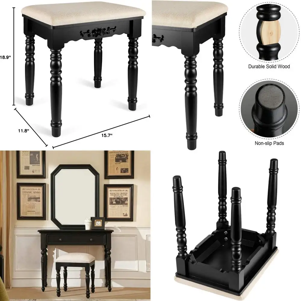 

Modern Oak Vanity Stool with Concave Seat, 300lb Capacity, Easy Assembly, Black