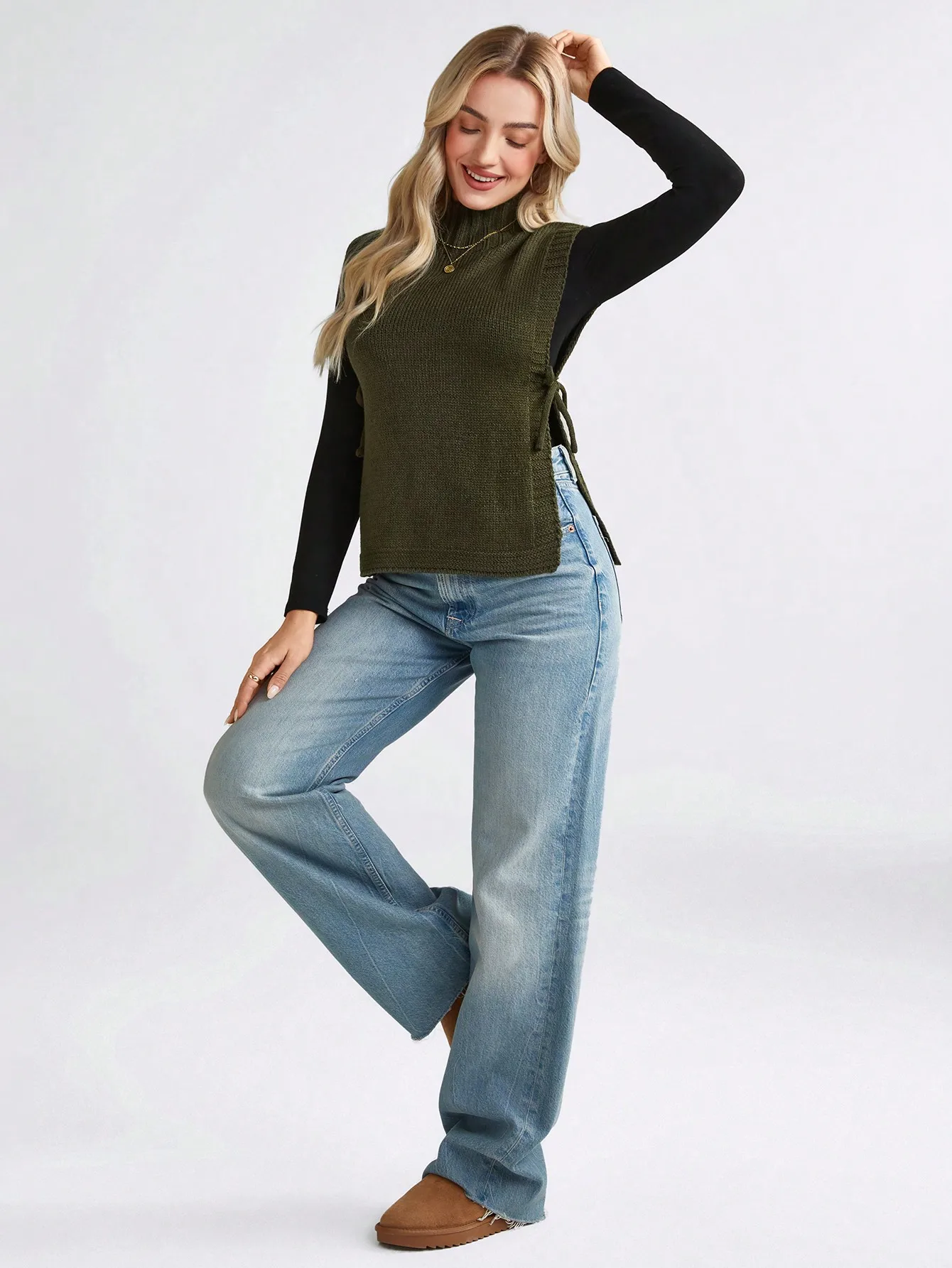 

Olive Green Knit Sleeveless Turtleneck with Side Tie-Up Detail