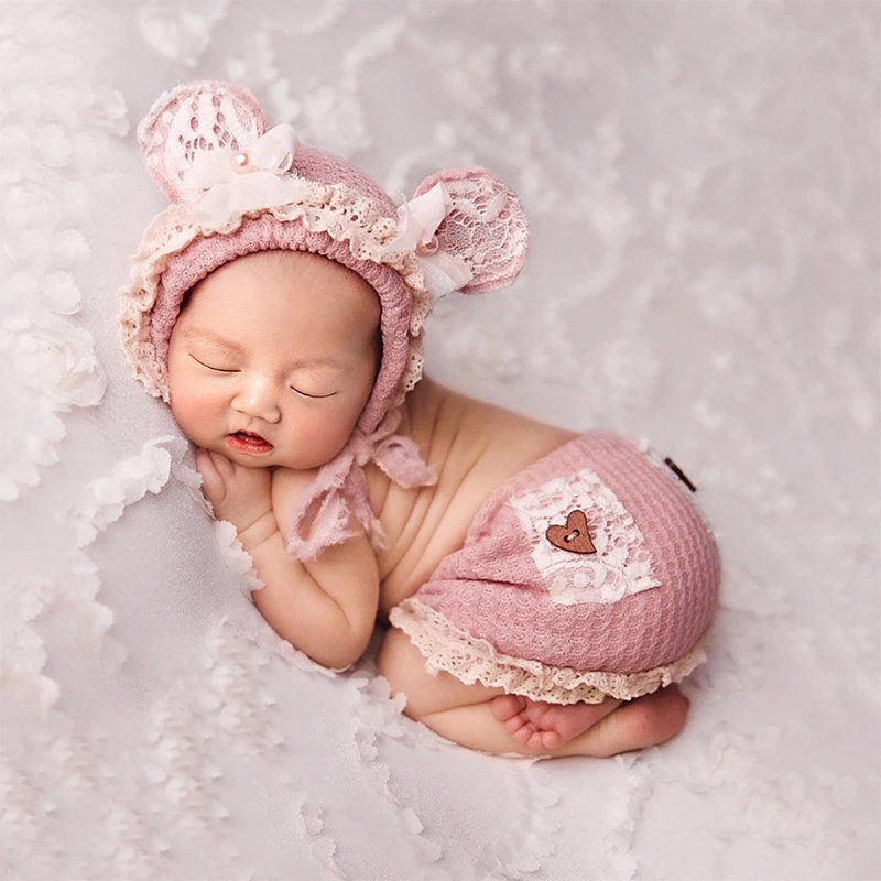 Ylsteed Pink Color Newborn Girl Photography Outfits Bow Bear Ears Hat and Heart Buttons Mini Skirt Set Infant Photography Props