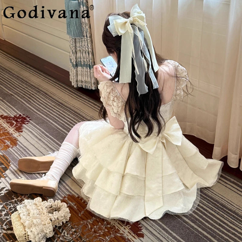 

Three Dimensional Jacquard Cake Dress for Girls Japanese Style Multi Layer Heavy Lace Dress Women's Back Bow Princess Dress