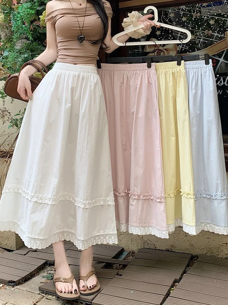 Ruffles Sweet Long Skirts Women High Waist Preppy Style Cute A Line Skirt Summer Fashion Loose Lace Patchwork Chic Elegant Skirt