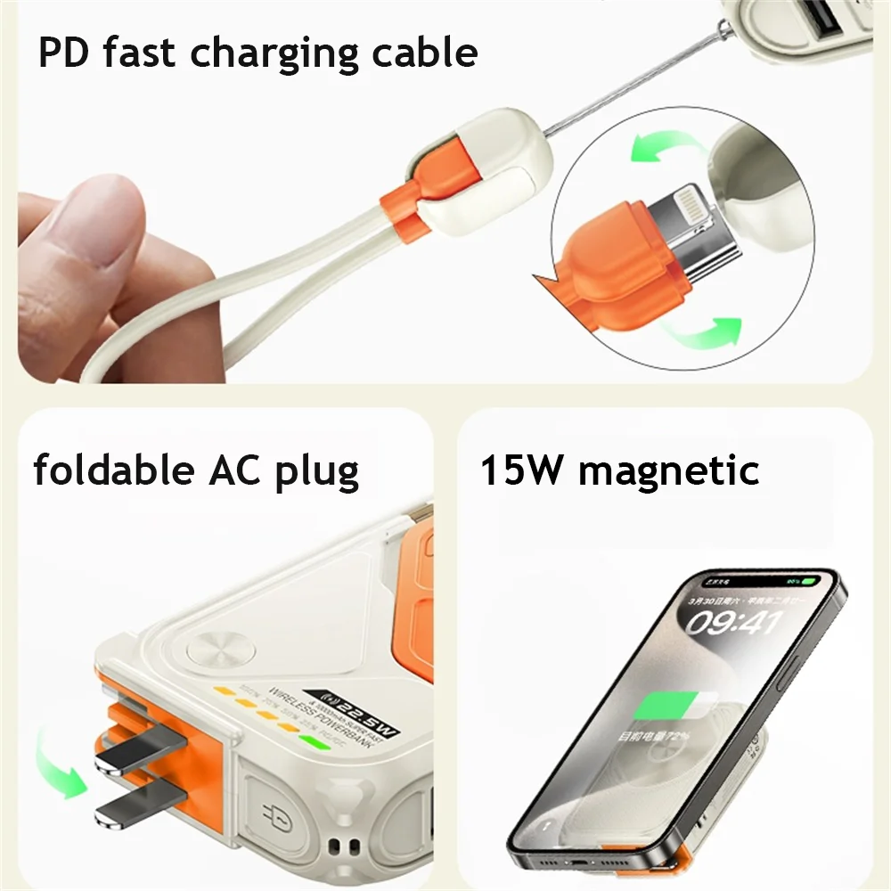 Wireless Magnetic Power Bank With Plug Cable USB C Fast Charger Portable 10000mAh External Spare Battery For iPhone 15 Samsung