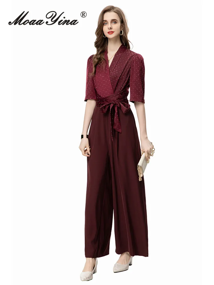 ILYBOOJUN 2024 Summer High Quality Women Jumpsuits Polka Dot Print V-Neck Lace Up Tunics Solid Color Wide Leg Pants Jumpsuits