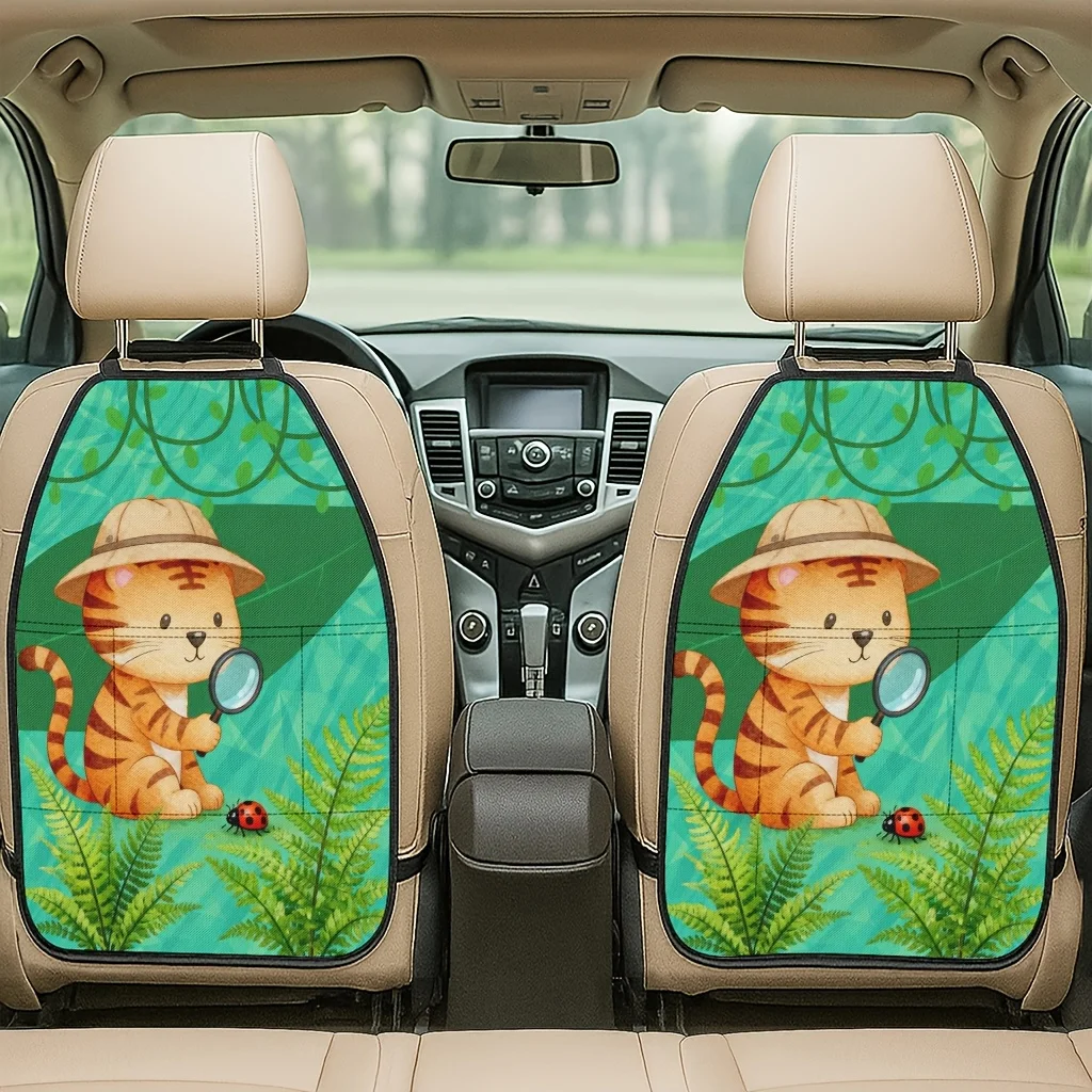 2pcs 2D Printed Car Seat Back Protector Pads Little Tiger Adventure Observing Ladybug Theme Pattern Printed Car Seat Back Protec