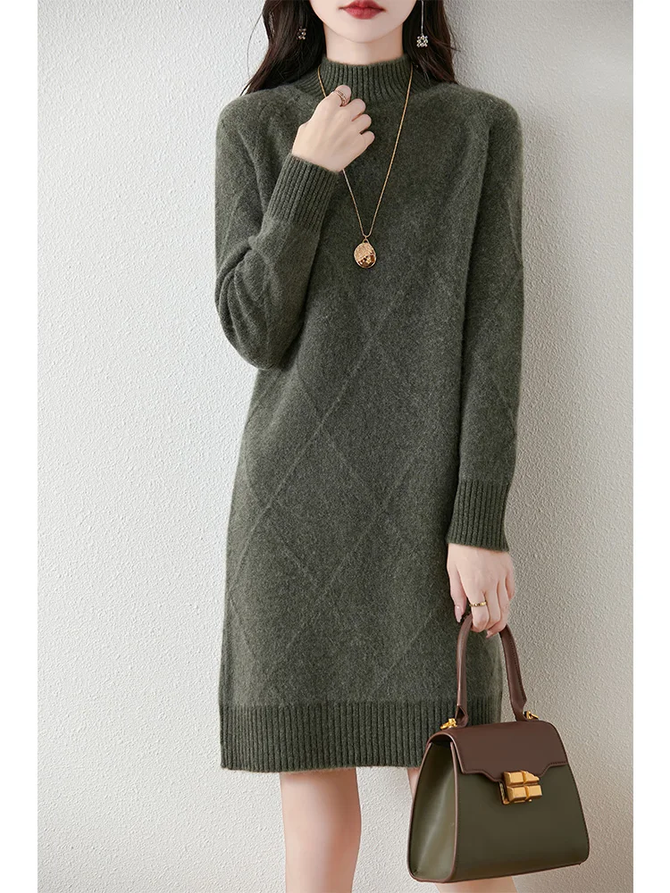 Women\'s Pure Wool Knitted Dress, High Collar, Thickened, Geometric, Casual, Fashionable, Warm, Autumn/Winter 2024