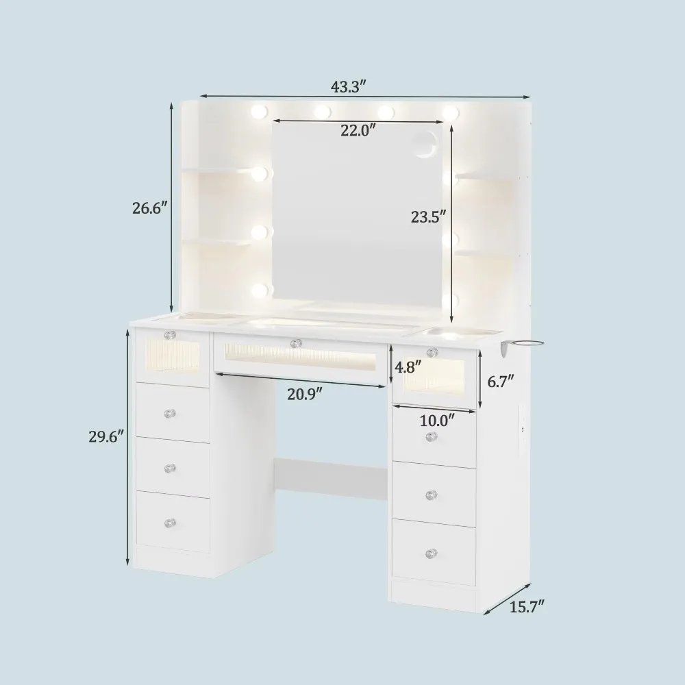 White dressing table with illuminated mirror glass top 9 drawers 4 shelves and built-in electrical outlet Bedroom dressing table