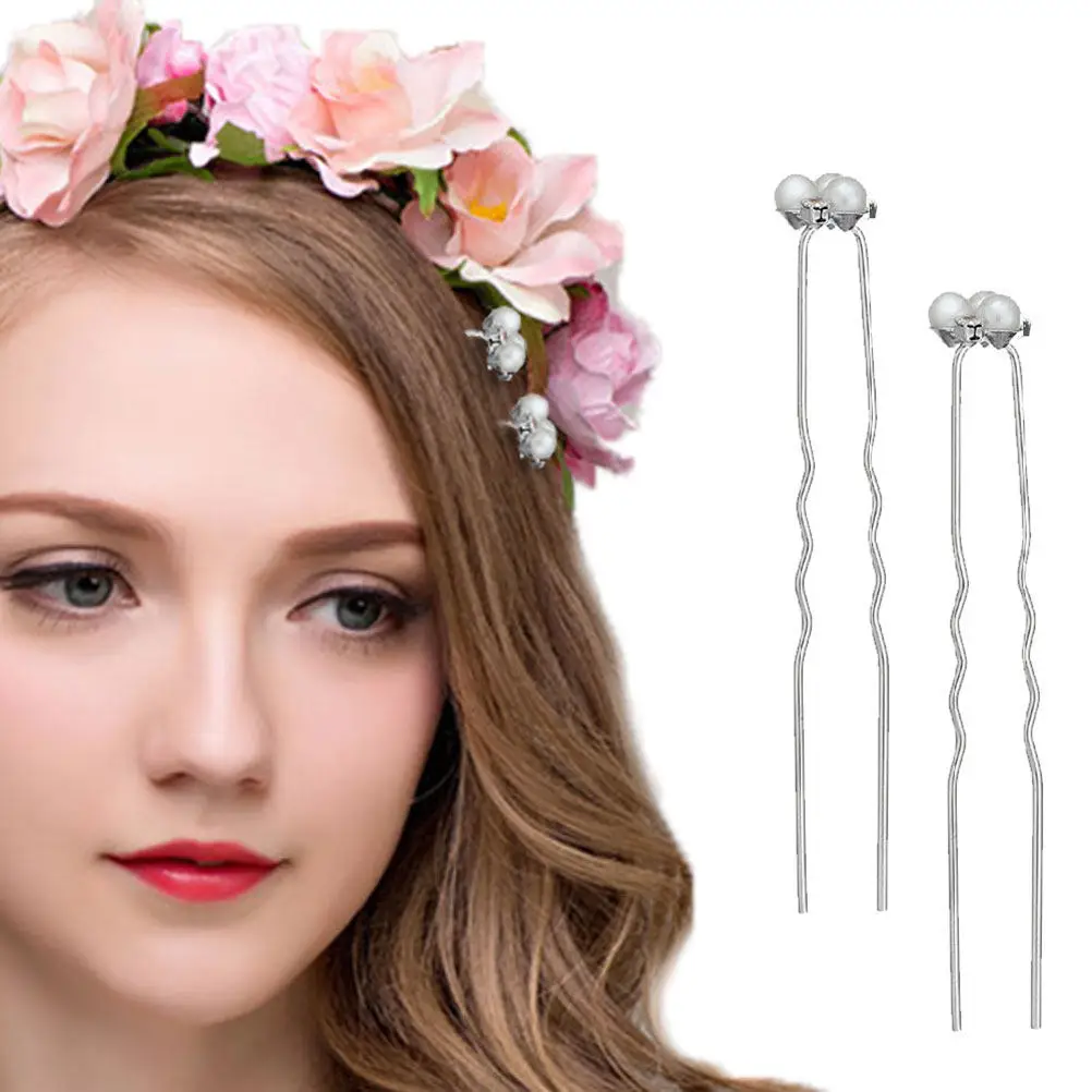 Juego de 6 horquillas para el cabello con perlas y diamantes de imitación, horquillas decorativas en forma de U para mujer, para bodas, fiestas, peinados informales, regalo, color plateado