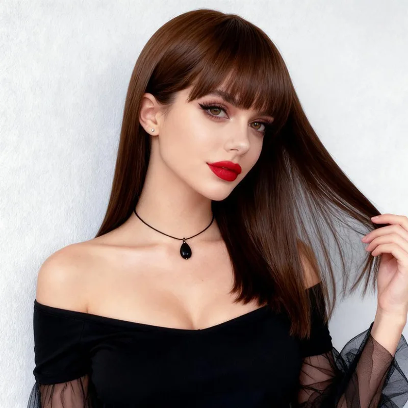 

Парик для модных европейских и американских женщин, с коричневой челкой, прямые волосы средней длины, головной убор из синтетического волокна машинной работы.