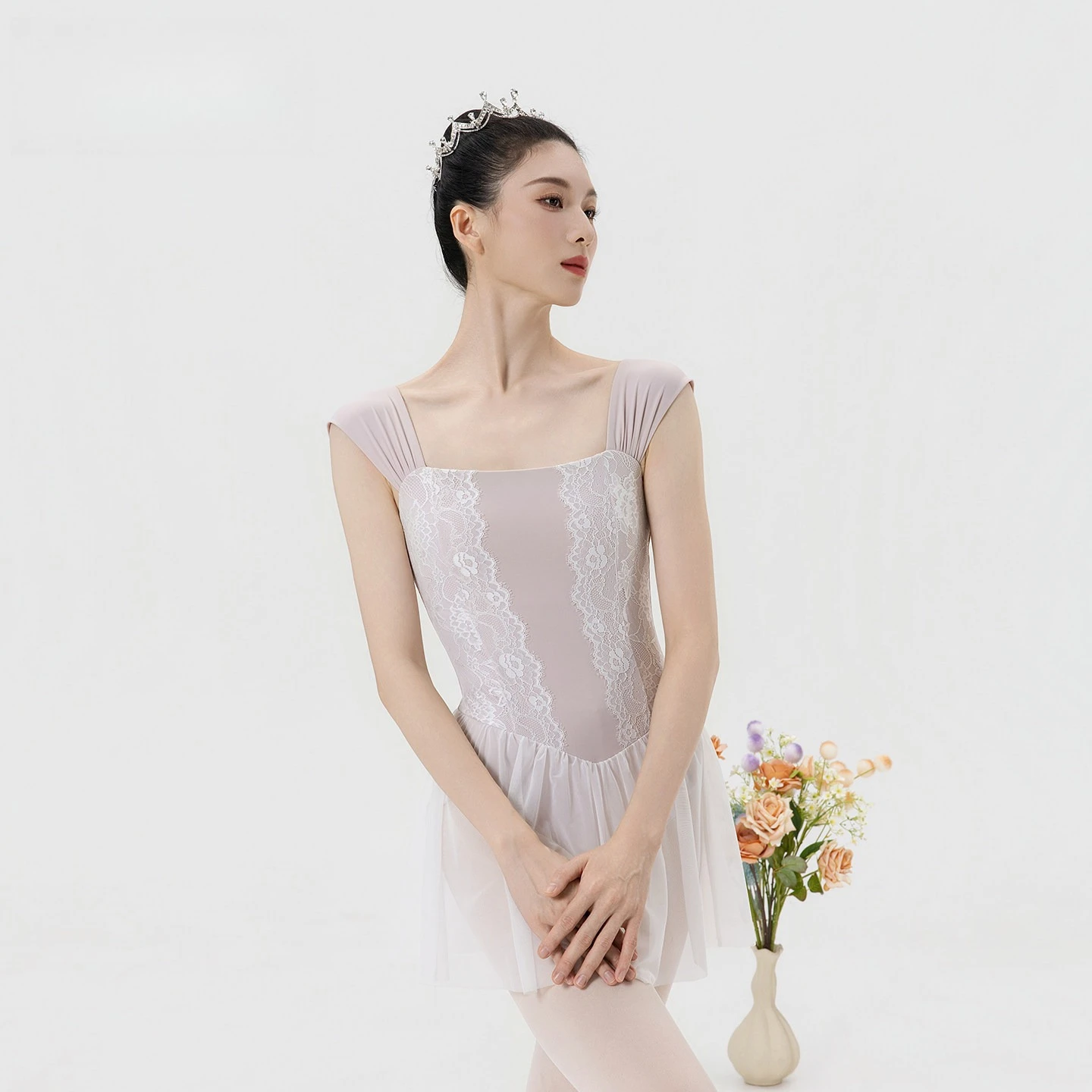 

Women Ballet Leotard Lace Color Block Fake Two Piece 2in1 Mesh with skirt Gymnastics Ballet Training Bodysuit Yoga Dance Costume