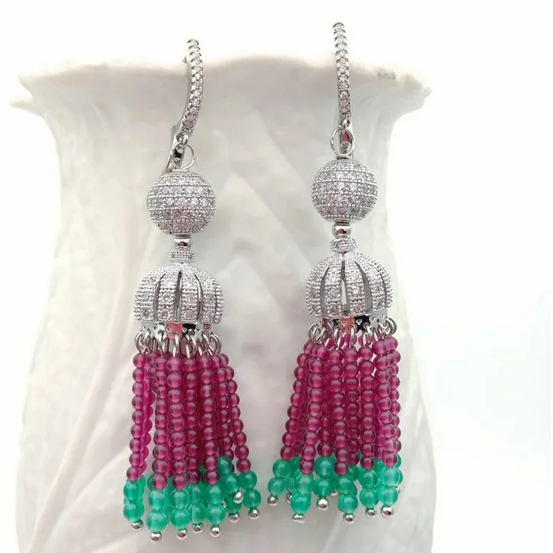 

New Jewelry Earring Round Red Garnet Green Cz Pave lever back Jade Earrings