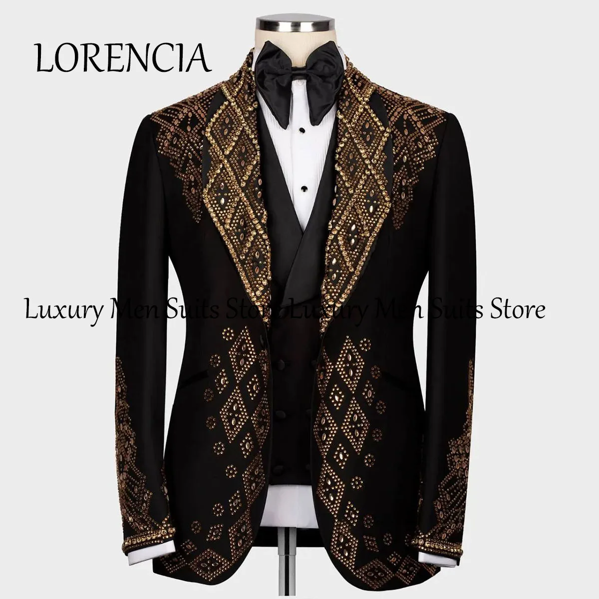 Formal 2024 Men Shawl Lapel Gold Rhinestone Embellished Suits Groom Wedding Tuxedos 3 Pieces Male Prom Blazers Costume Homme