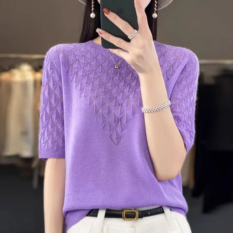 Summer Clothing Women Loose Hollow Out T-shirt Solid Round Neck Half Sleeve Versatile Fashion Casual Vintage Thin Knitted Tops