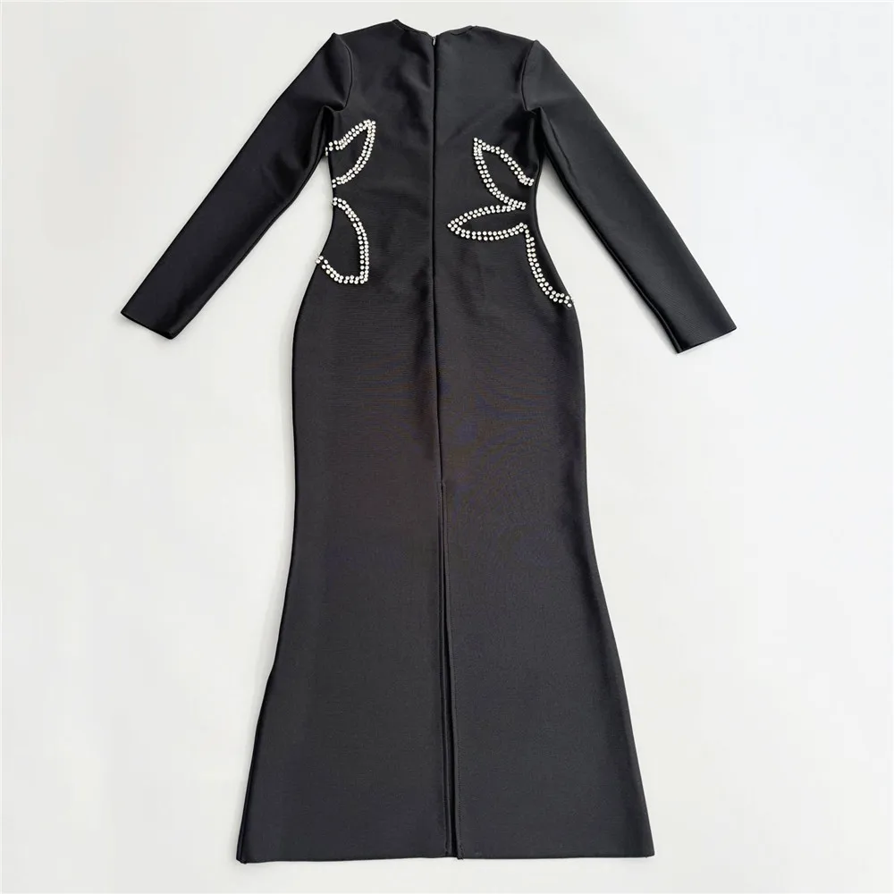 2025 Sexy lange mouwen strass maxi bandagejurk voor vrouwen elegante o-hals bodycon avondfeest cocktail clubjurken nieuw