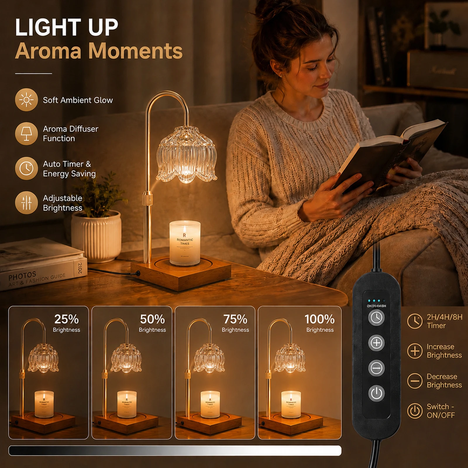 Candle Warmer Lamp Flower Style, Adjustable Height, 4 Dimmable Brightness Levels, 2/4/8H Auto Timer, Desktop Ambient Light for Jar Candles Bedroom Home Decor, Ideal Christmas Holiday Gift for Women