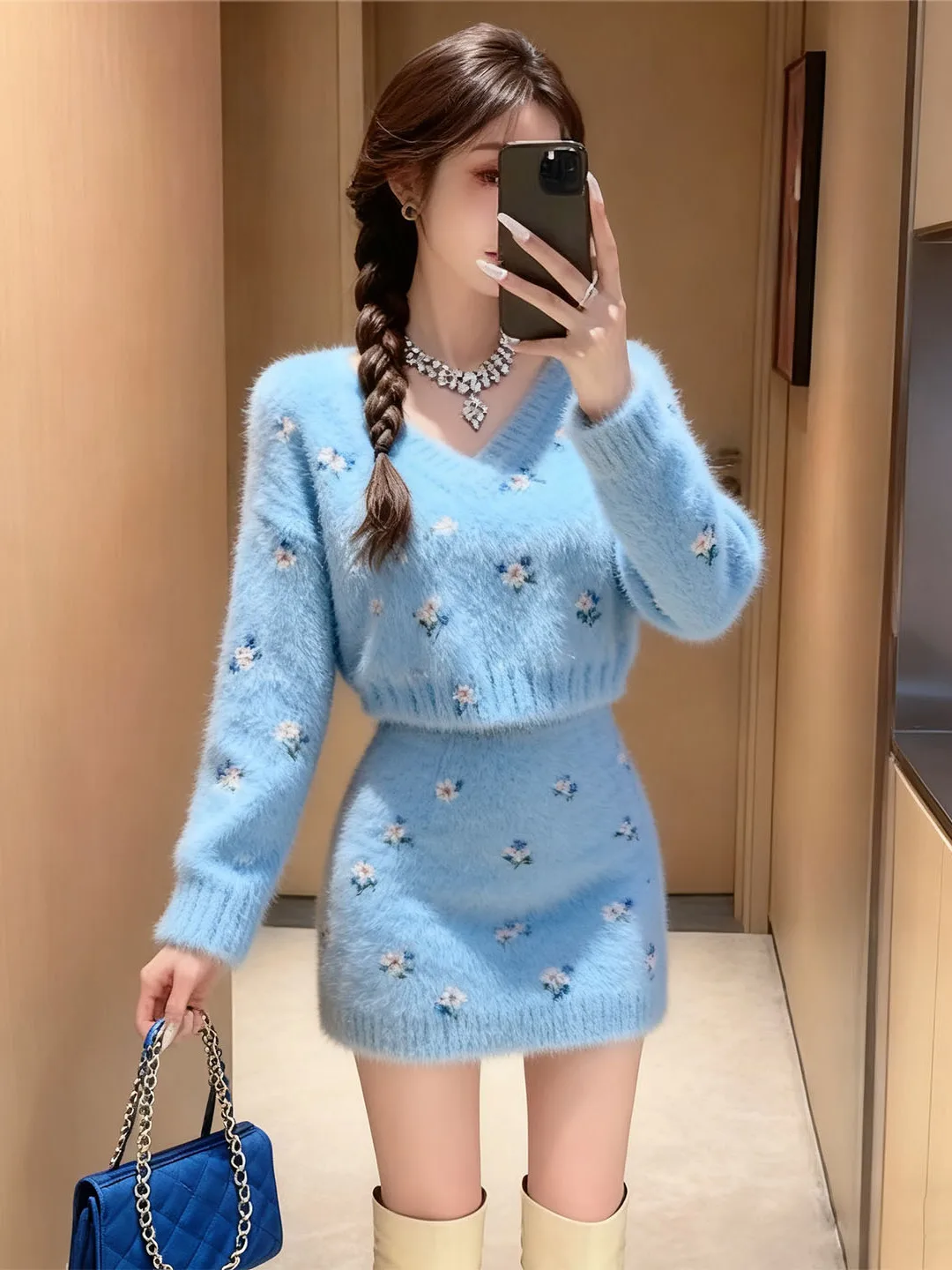 

Ele V-Ne Knitted Set for Women Premium Floral Sweater And Skirt Two-Piece Suite Casual Sle Suitable for Autumn W...