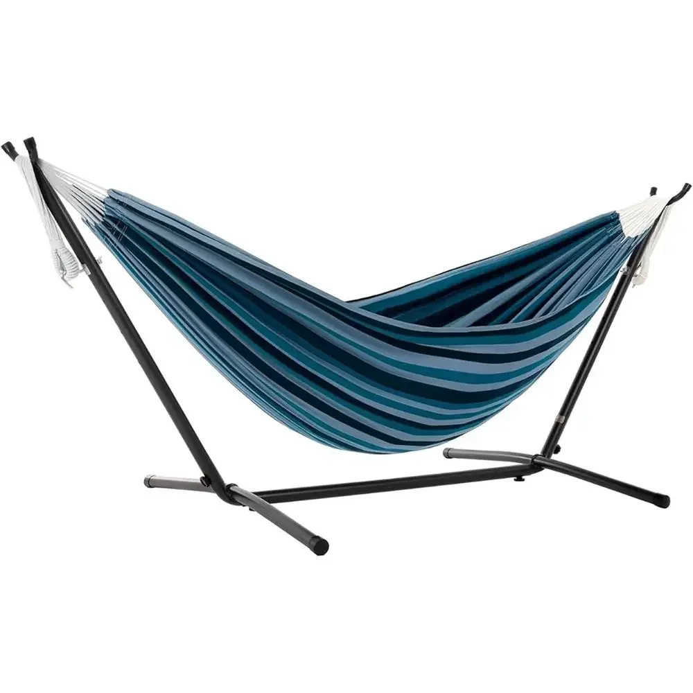 Space-Saving Steel Stand Hammock, 450 lb Capacity, Polyester End Strings, USA Cotton, Blue Lagoon
