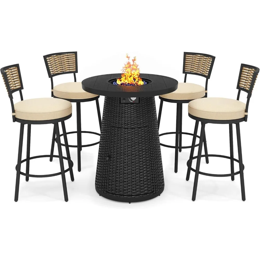 

5 Pieces Outdoor Patio Furniture Set w/ 37" Propane Fire Table and 4 Swivel Barstools Chairs Outdoor Wicker Rattan Conversation