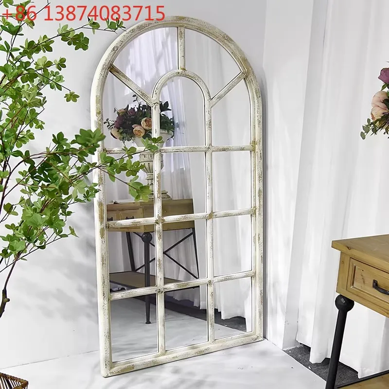 Retro solid wood old arched false window full-length mirror wall hanging, entrance decoration floor