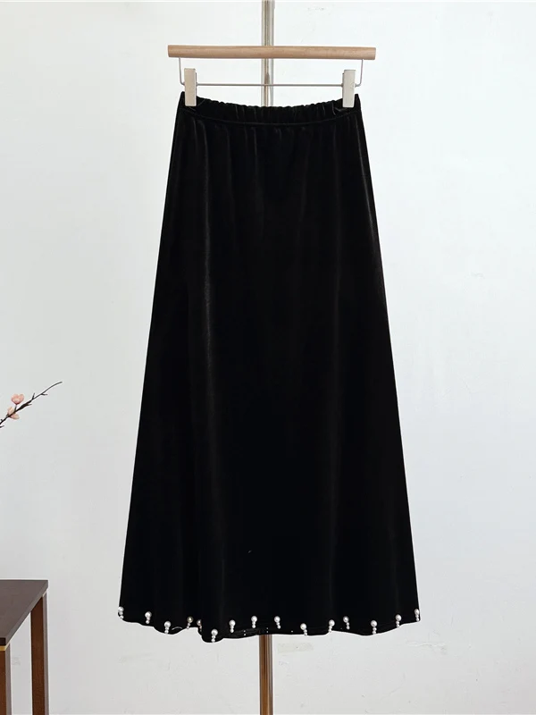 

Новая китайская бархатная юбка средней длины с бисерной отделкой по подолу, на резинке, больших размеров, женская, в стиле ретро, свободного кроя, для офиса и повседневной носки