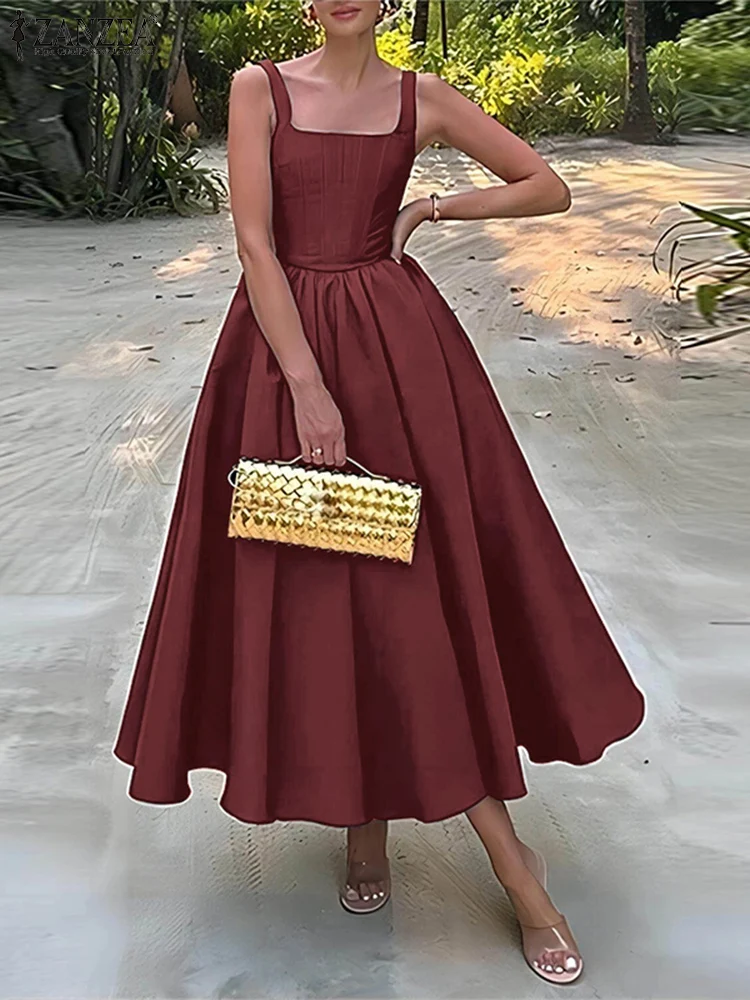 2025 ZANZEA Women Satin Sundress Vintage Square Neck Sleeveless Midi Dress Party Retro Chic Tank Vestidos Bohemian Swing Robe