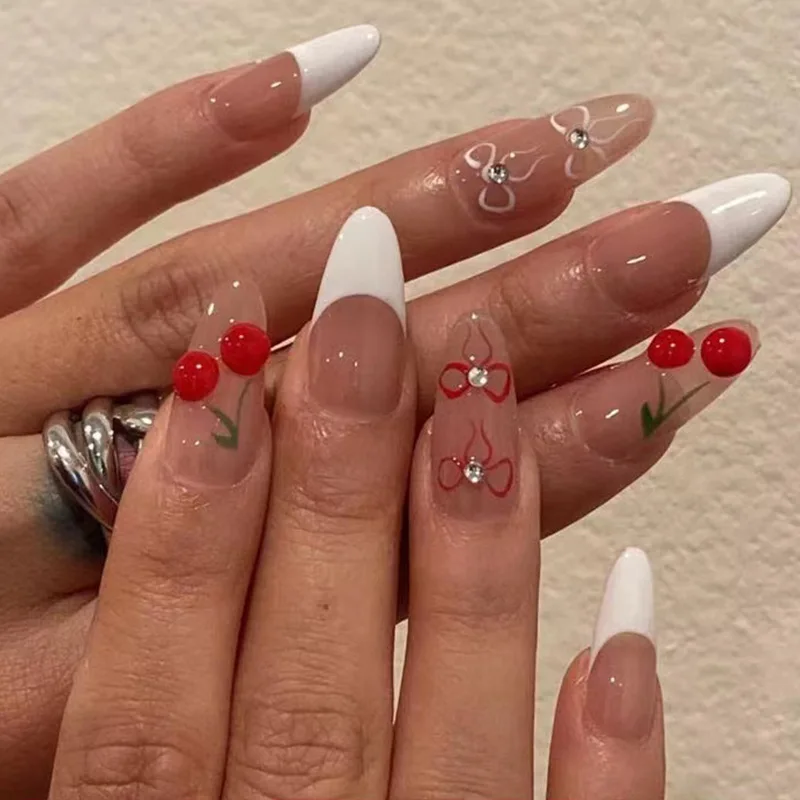 

24Pcs Mid-length Almond Full Cover Fake Nail Tip French White Edge Cherry Bow False Nails Rhinestone Wearable Nails Set Press On