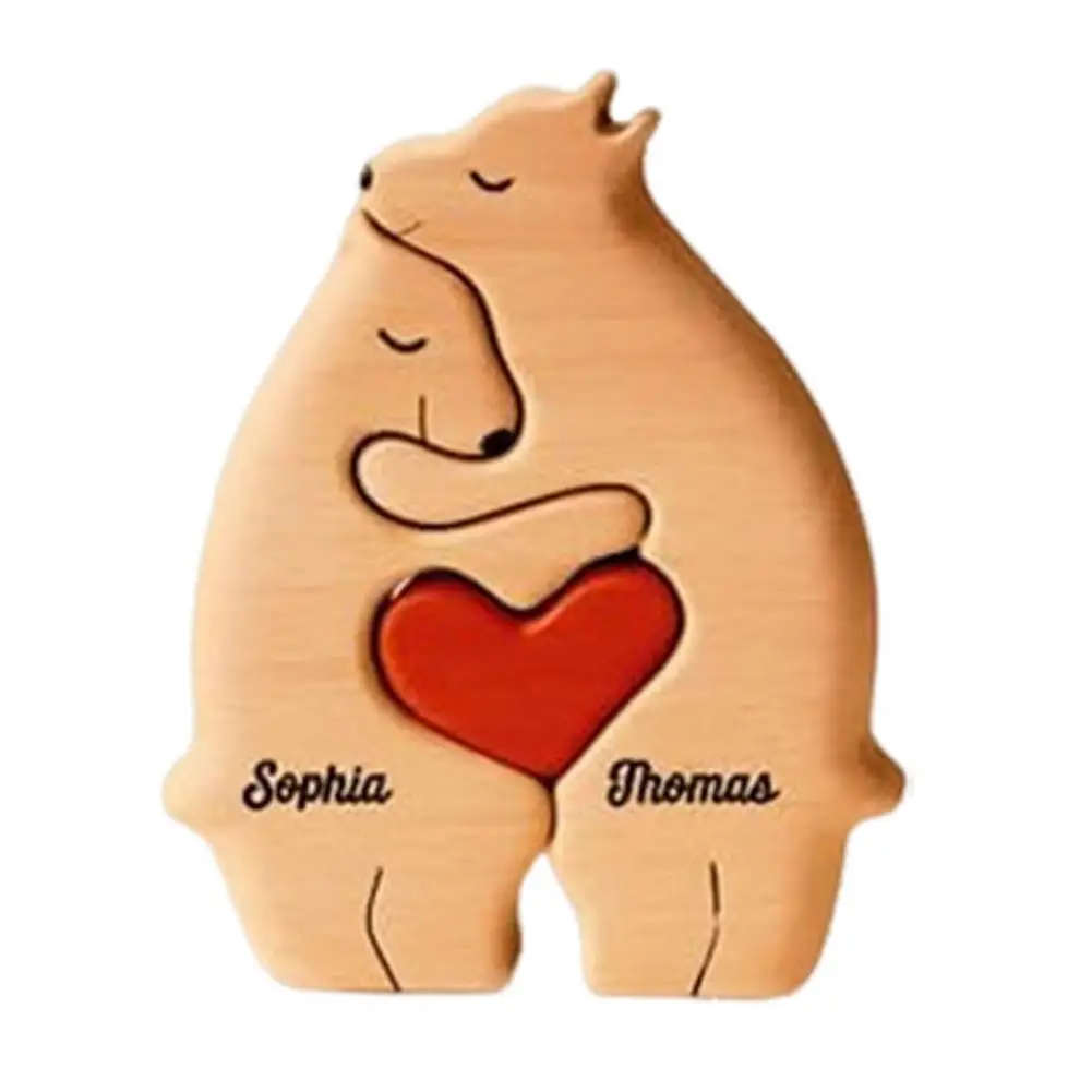 Bear Shaped Wooden Sculpture Custom Name Wooden Bear Family Puzzle Tabletop Ornament for Parents Gift Hugging Bear Figurine