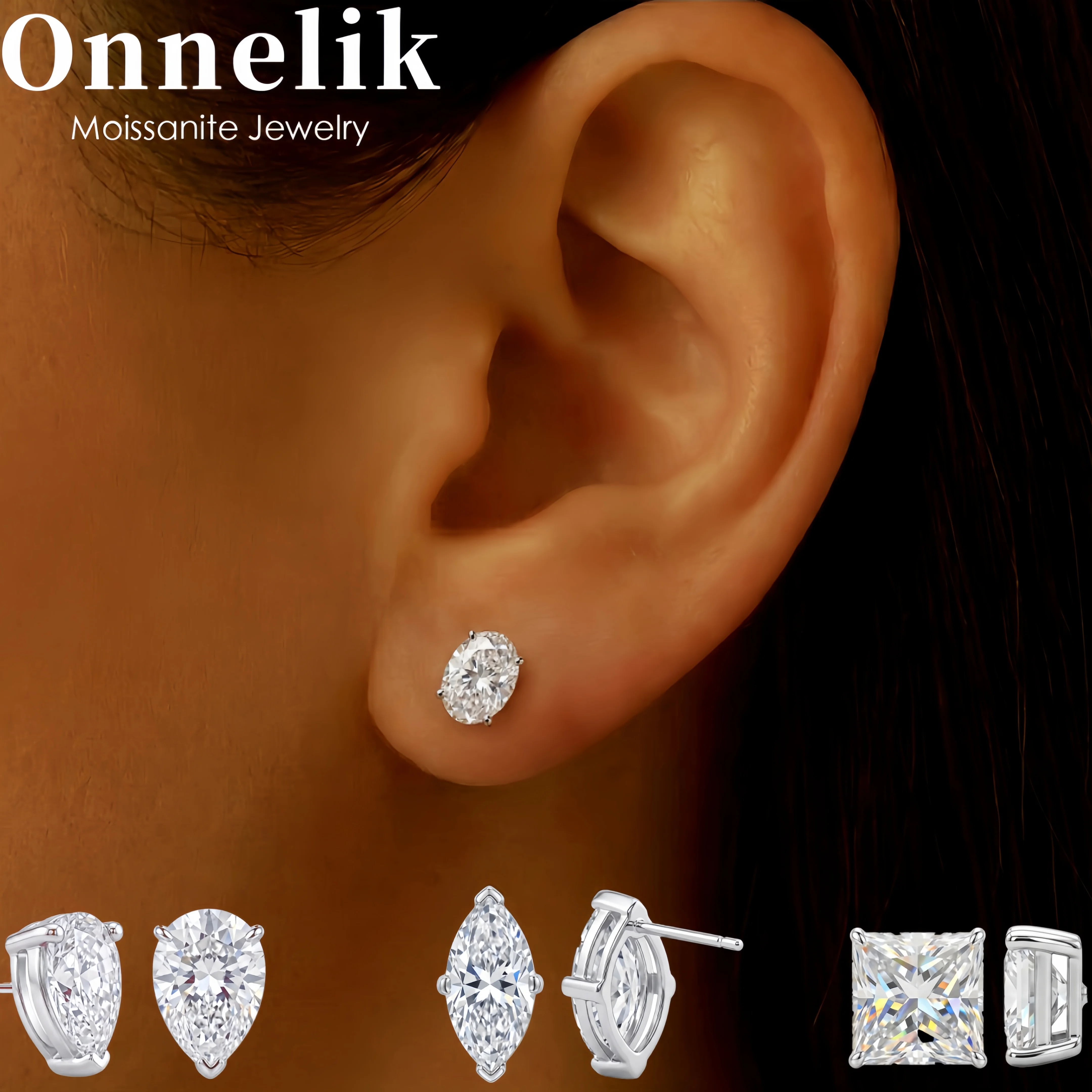 

Onnelik 1CT Classic S925 Silver Moissanite Stud Earrings Oval/Princess/Marquise/Teardrop Light Luxury Fine Jewelry for Women