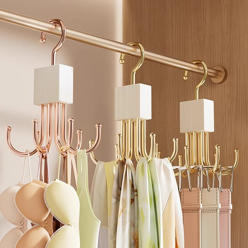 Rotating Wooden Metal Belt Hanger Multi-Functional Closet Organizer For Belts Bras Ties And Scarves With Stainless Steel Hooks