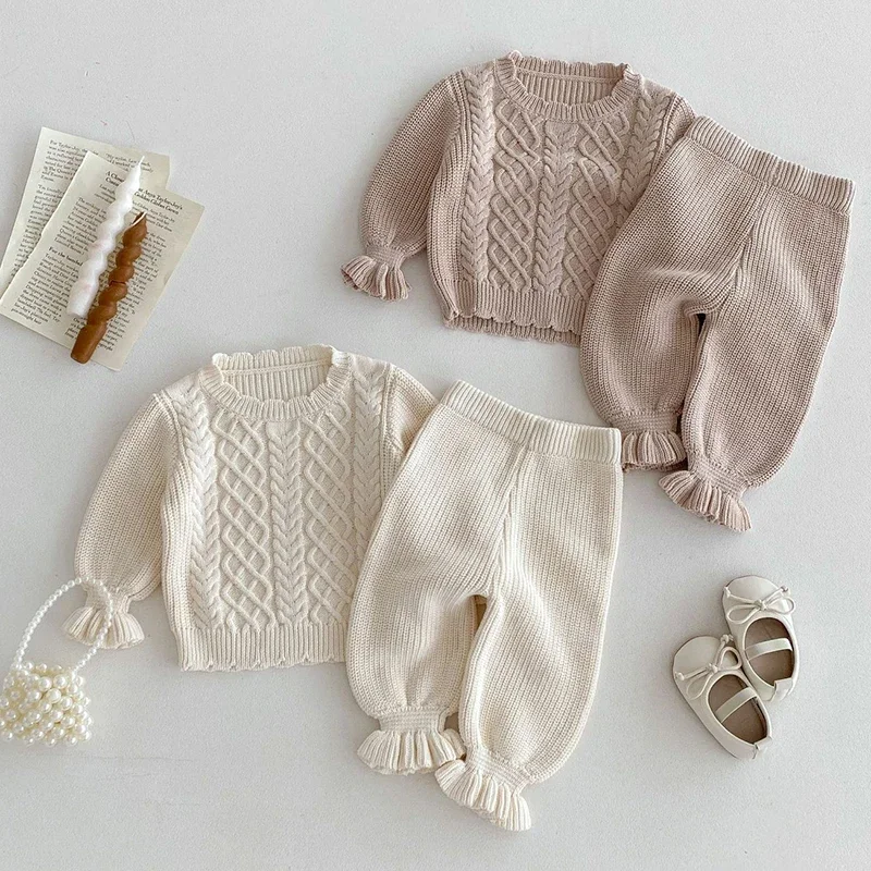 2024 New Autumn Toddler Baby Girl Knitting Clothes Suit Long Sleeved Solid Color Knitted Sweater+Pants Children Clothes Set