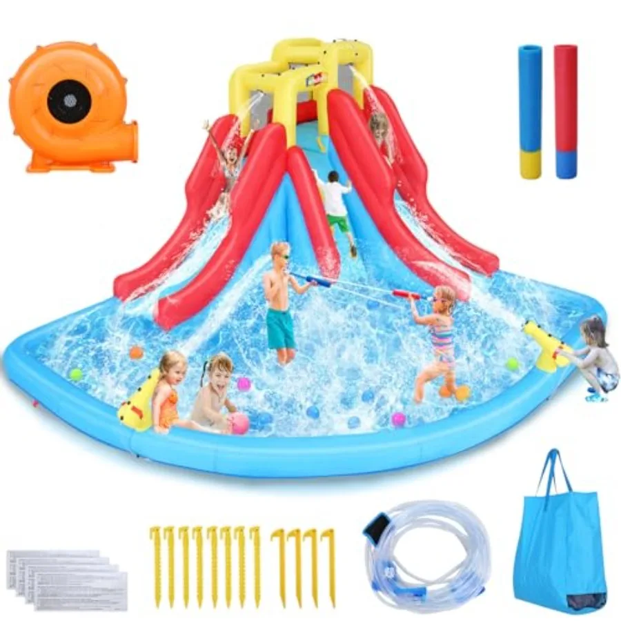 

Double Dip Inflatable Water Slide Park 14.5 x 12.7 x 7.5 FT Heavy-Duty for Backyard Fun with Giant Splash Pool 2 Slides Climbin