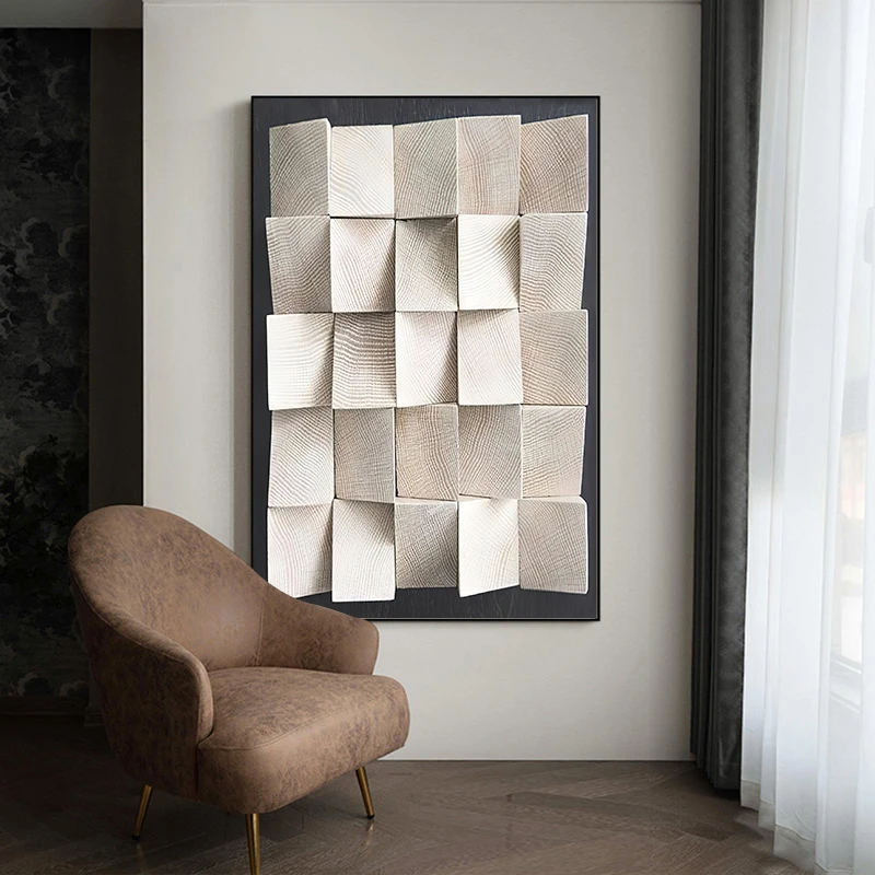 Luxury High-end Custom Design Modern Wall Art 3d Textured Abstract Wooden Color Block Decorative Wall Painting For Hotel