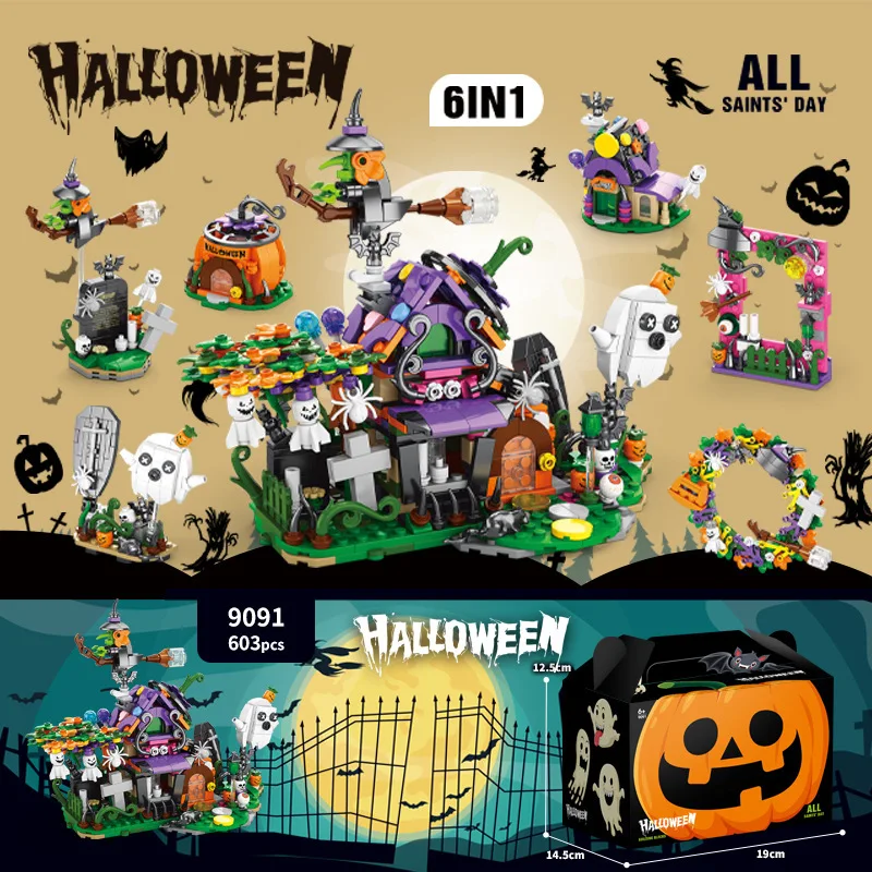 

Halloween Building Blocks Set Pumpkin House Ghost Hut Model Street Party Decorative Creative DIY Toys Holiday Gifts For Kids